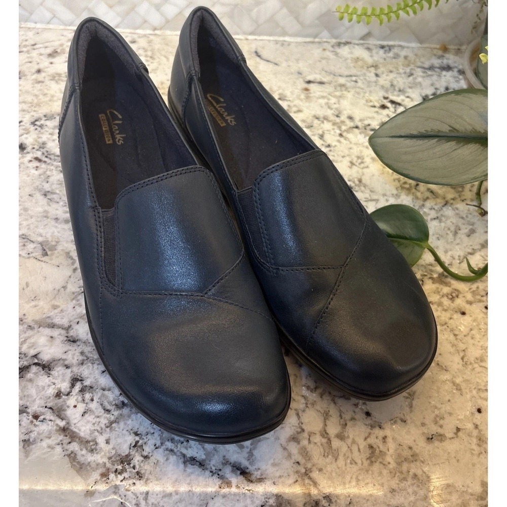 Clarks Women's Leather Slip On Clog Dark Blue/ Green Comfort Heel‎ shoes Sz 10M